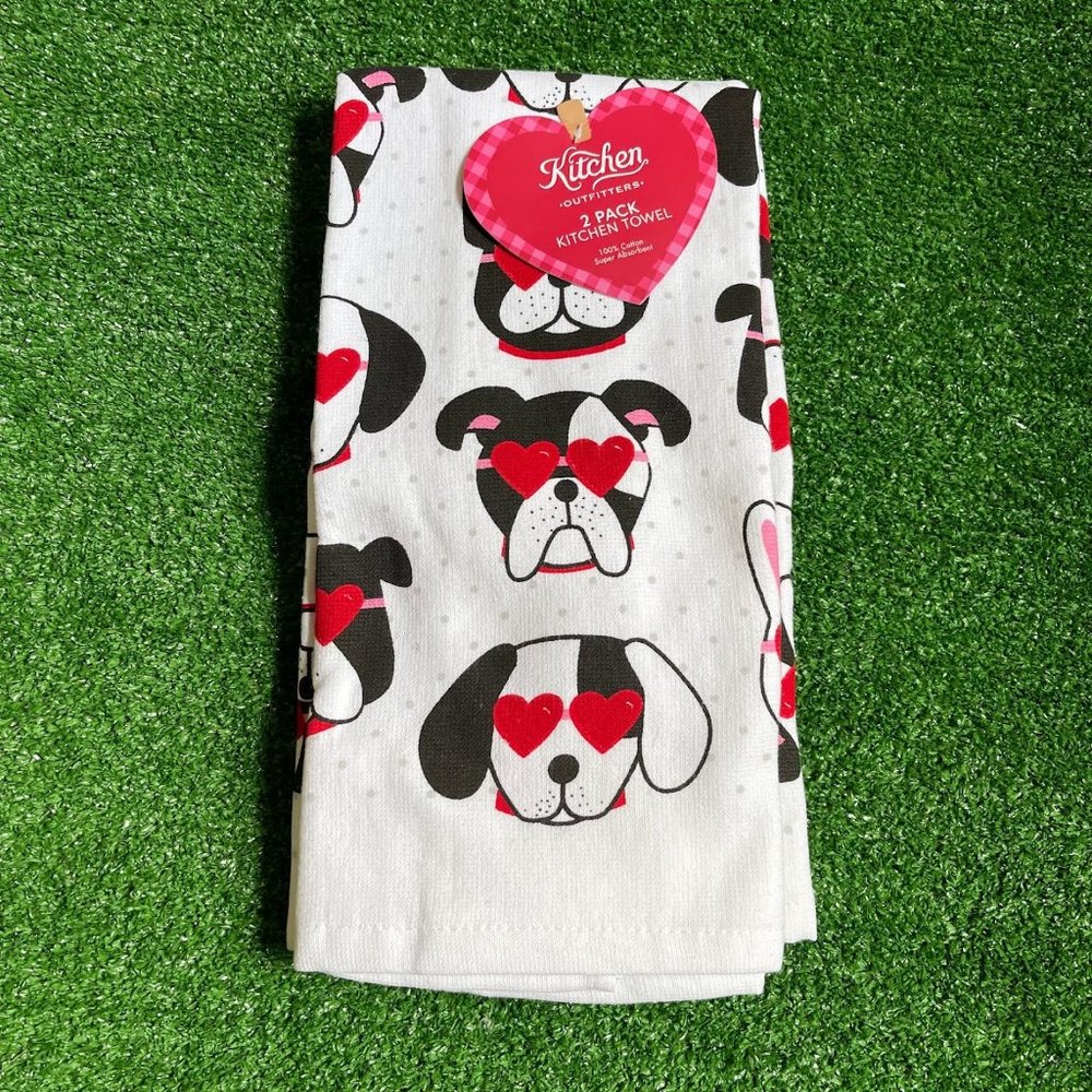 Kitchen Outfitters Set of 2 pack dogs hearts eyes Cotton kitchen towels NEW